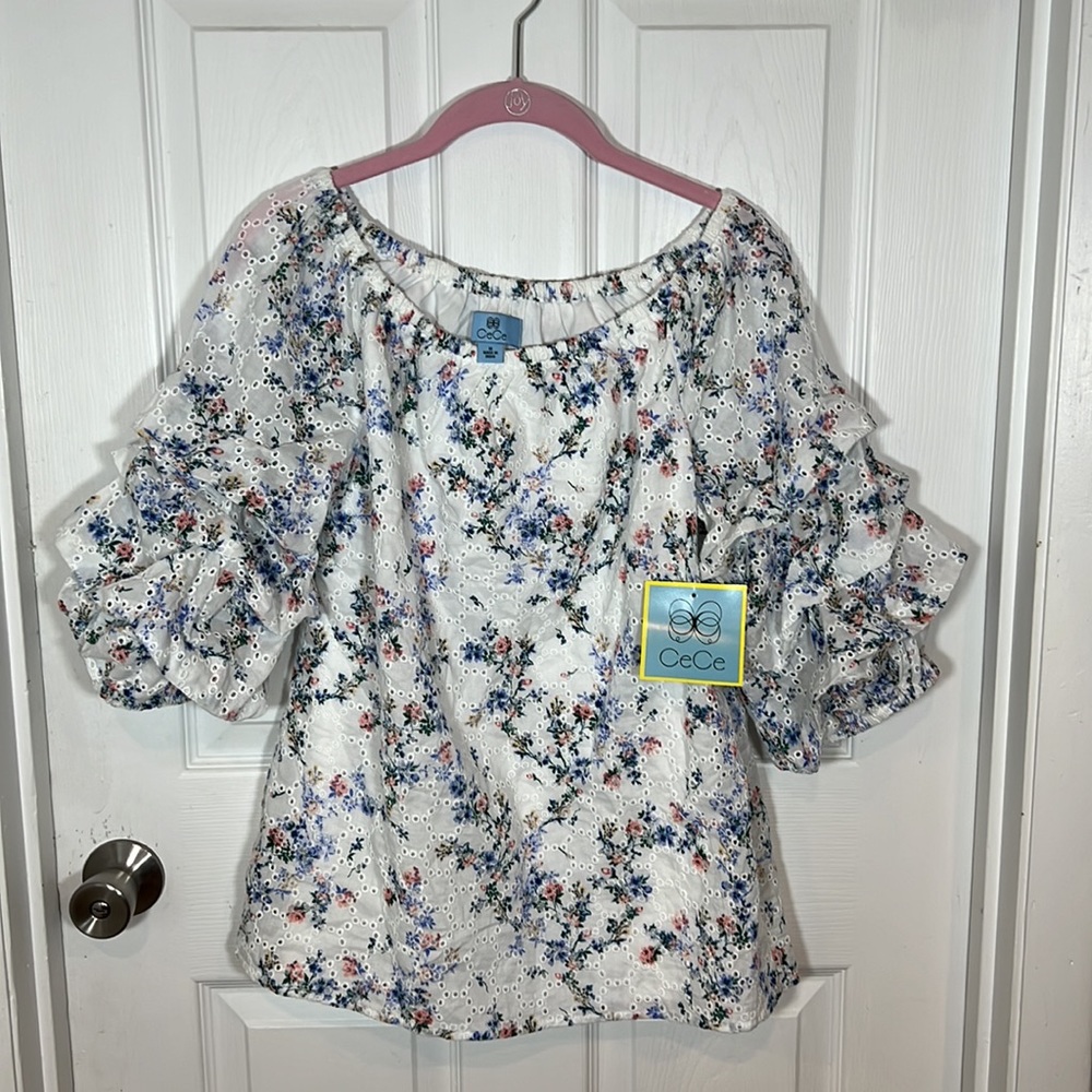 Cece Blue/White Spring Top Off the Shoulder New with Tags Size Medium
